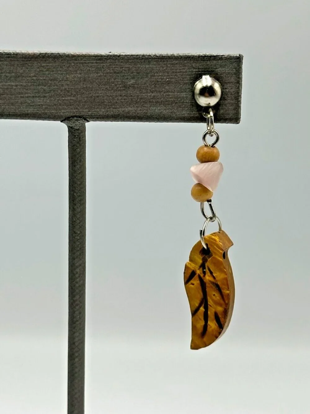 3/$30 Leaf Carved Earrings Wood Beads Dangle Boho Natural Earth Tone Pierced 2